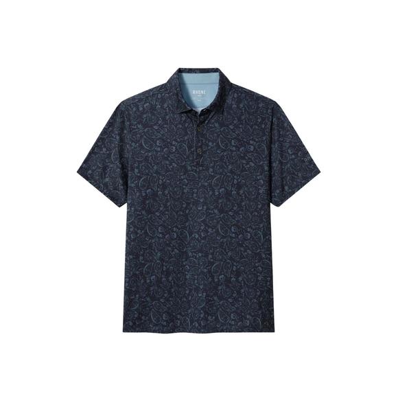 NEW RHONE golf sport polo shirt in true navy/ jungle green paisley - Picture 5 of 5